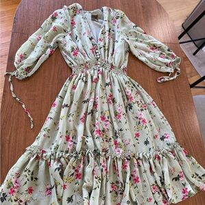 Taylor Light Green Floral Midi Dress with Pink Blooms